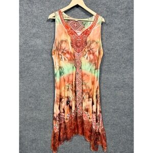 World Unity Plus Size 1X Shift Dress Brown Liquid Knit Stretch Midi Handkerchief